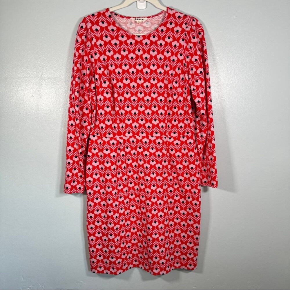 Boden Penelope Jersey Pencil Sheath Dress Womens 12 Mod Floral Pink Red Scandi